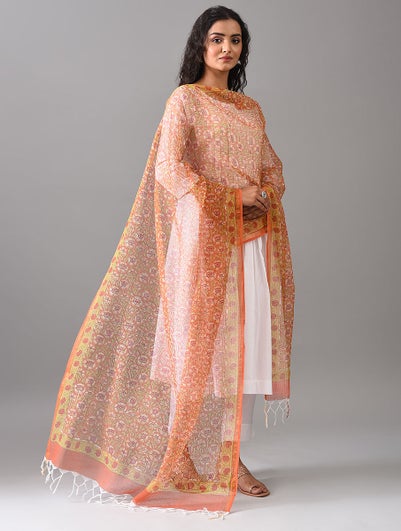 Women Orange Block Printed Kota Dupatta