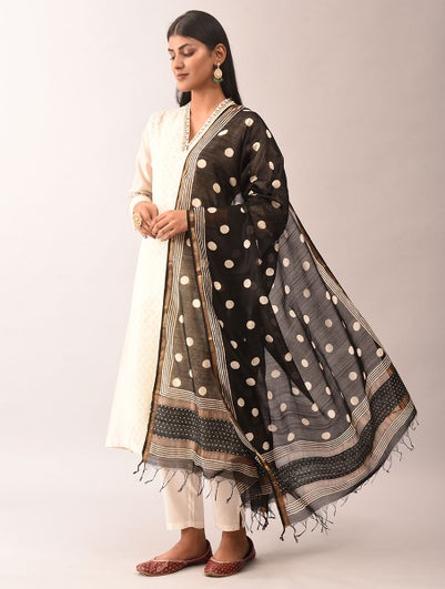 Women Black Cotton Silk Block Print Dupatta