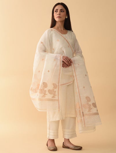 Women White Benarasi Kora Silk Linen Dupatta