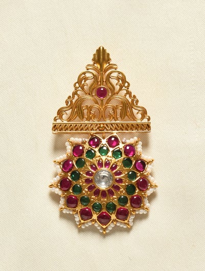 Women Gold Insert Gold Plated Sterling Silver, Ruby, Beads, Kundan Pendant