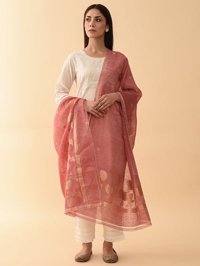 Women Pink Benarasi Kora Silk Linen Dupatta