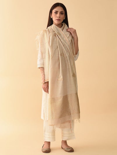 Women White Handwoven Benarasi Munga Silk Dupatta