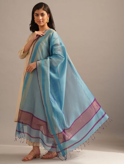 Women Blue Cotton Silk Maheshwari Dupatta