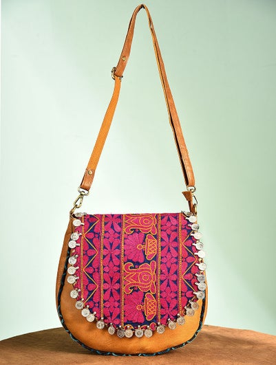 Women Multicolored Vintage Rabari Genuine Leather Sling Bag