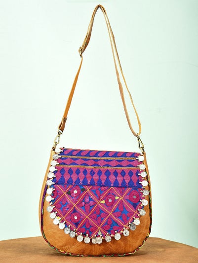 Women Multicolored Vintage Rabari Genuine Leather Sling Bag