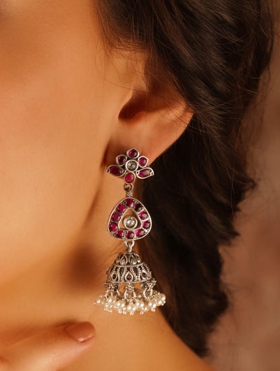 Women Silver Push Back Sterling Silver, Ruby, Cubic Zirconia, Pearls Earring