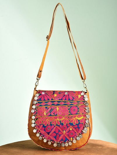 Women Multicolored Vintage Rabari Genuine Leather Sling Bag