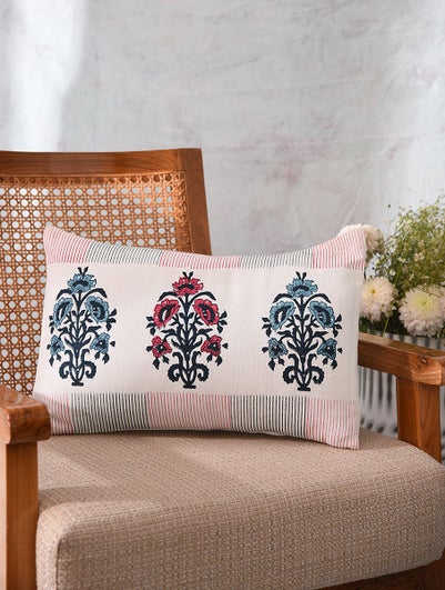 Unisex Pink and Blue Handblock Printed Cotton Cushion Cover with Mukhaish (L - 18in, W - 12in)