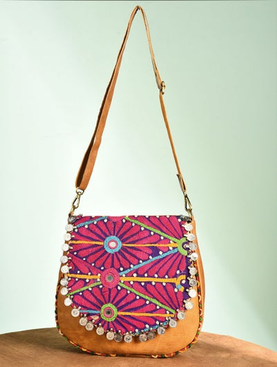 Women Multicolored Vintage Rabari Genuine Leather Sling Bag