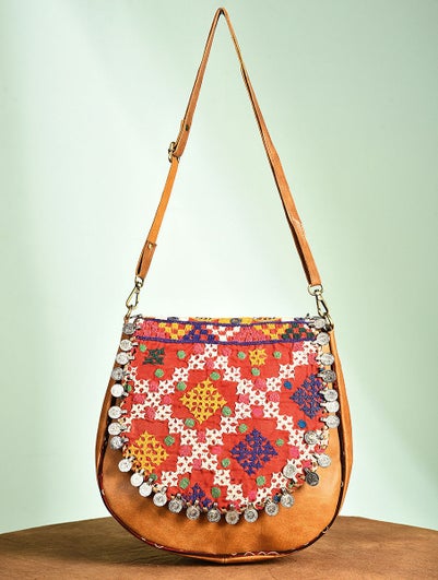 Women Multicolored Vintage Rabari Genuine Leather Sling Bag