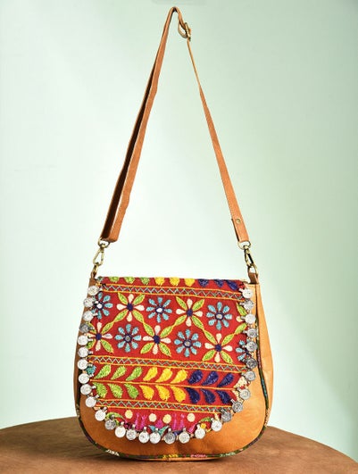 Women Multicolored Vintage Rabari Genuine Leather Sling Bag