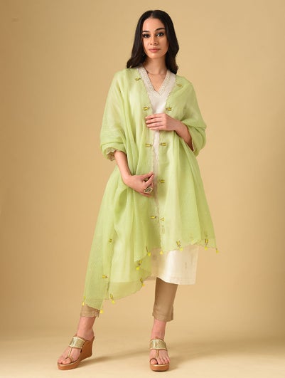 Women Green Kota Hand Embroidery Dupatta