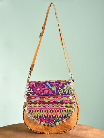 Women Multicolored Vintage Rabari Genuine Leather Sling Bag