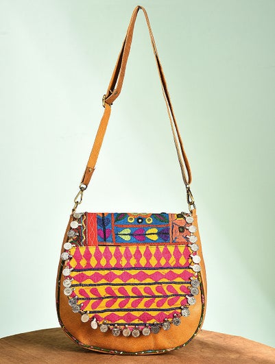 Women Multicolored Vintage Rabari Genuine Leather Sling Bag