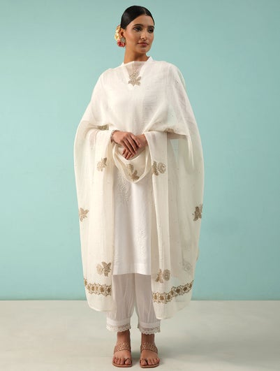 Women Ivory Chikankari Cotton Silk Dupatta