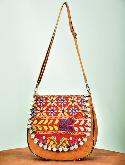 Women Multicolored Vintage Rabari Genuine Leather Sling Bag