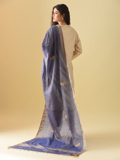 Women Blue Cotton Silk Maheshwari Dupatta