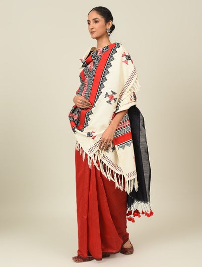 Women White Toda Embroidered Cotton Shawl