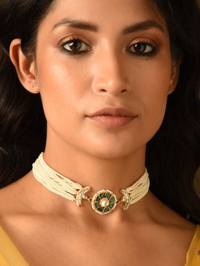 Women Green Gold Tone Pachi Kundan Choker Necklace