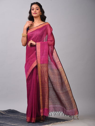 Women Pink Handloom Linen Silk Saree