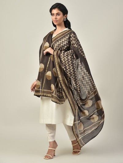 Women Brown Cotton Silk Block Print Dupatta