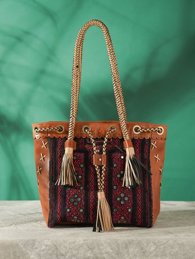 Women Multicolored Vintage Rabari Genuine Leather Tote Bag