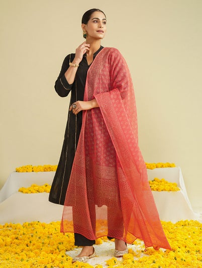 Women Coral Red Kota Silk Khadi Collection Dupatta