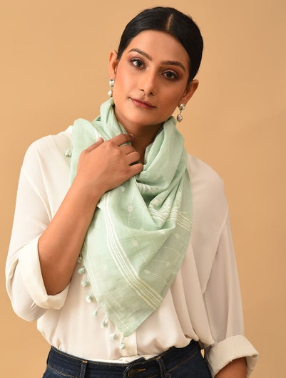 Women Green Handwoven Jaamdani Cotton Stole