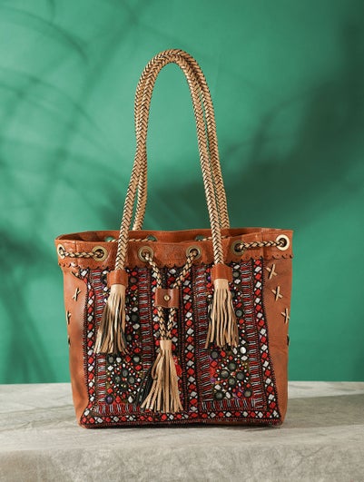 Women Multicolored Vintage Rabari Genuine Leather Tote Bag