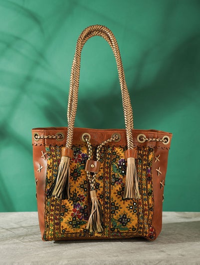 Women Multicolored Vintage Rabari Genuine Leather Tote Bag