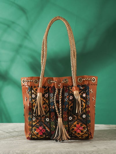 Women Multicolored Vintage Rabari Genuine Leather Tote Bag