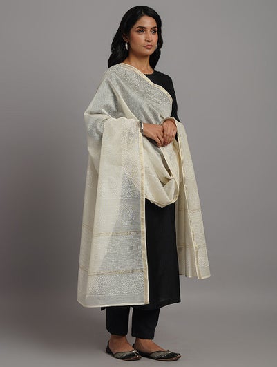 Women Ivory Handwoven Block Printed Cotton Silk Dupatta