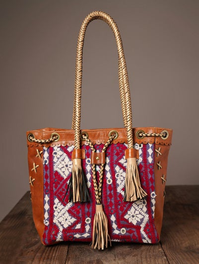 Women Multicolored Vintage Rabari Genuine Leather Tote Bag