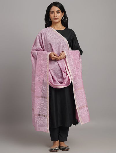 Women Pink Cotton Silk Block Print Dupatta