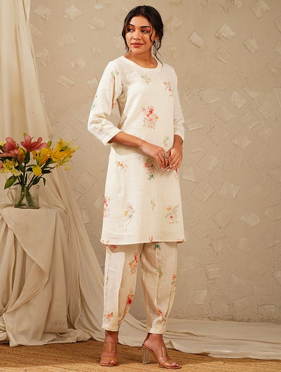 Women Ivory Linen Blend Round Neck A Line Kurta With Pant