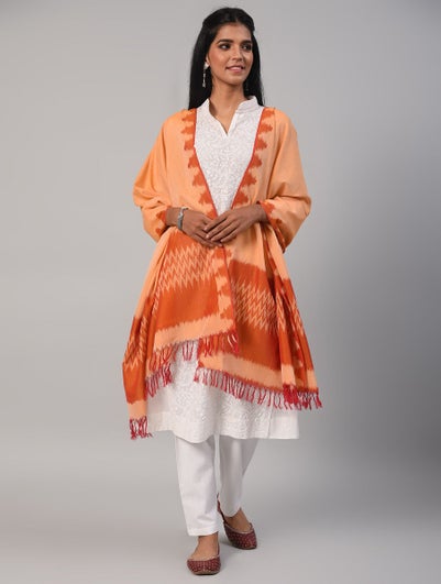 Women Orange Handloom Ikat Cotton Dupatta