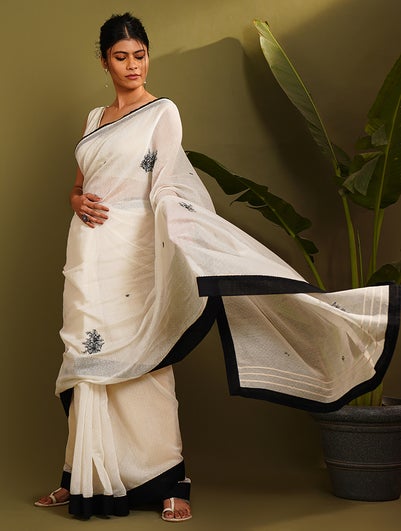 Women Natural Hand Machine Embroidered Cotton Silk Saree