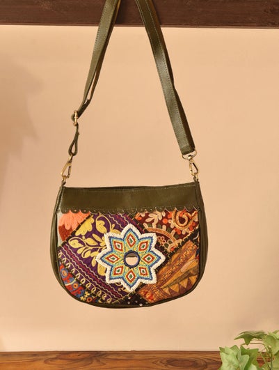 Women Multicolored Vintage Rabari Genuine Leather Sling Bag