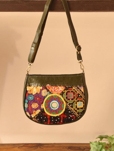 Women Multicolored Vintage Rabari Genuine Leather Sling Bag