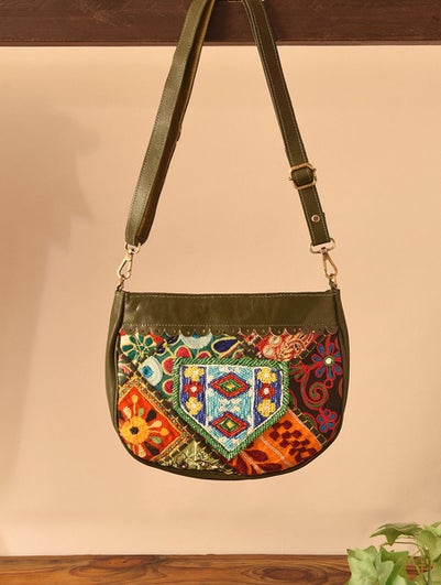 Women Multicolored Vintage Rabari Genuine Leather Sling Bag