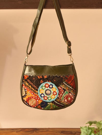 Women Multicolored Vintage Rabari Genuine Leather Sling Bag