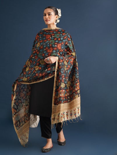 Women Multicolour Hand Painted Kalamkari Handwoven Cotton Silk Dupatta