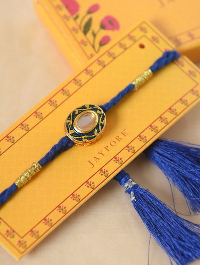 Women Blue Gold Tone Kundan Handcrafted Rakhi