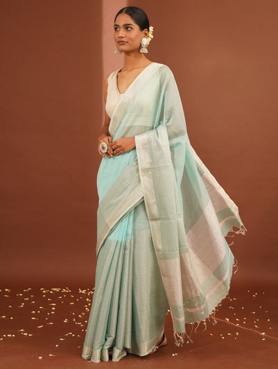 Women Blue Handwoven Cotton Silk Saree