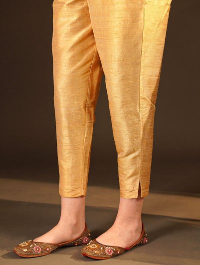 Women Gold Silk Solid Straight Fit Pant - M