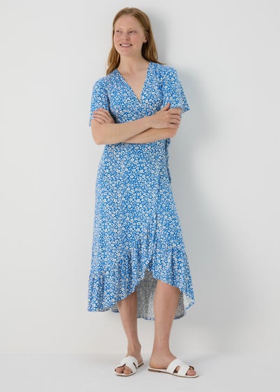 Blue Floral Frill Hem Wrap Dress