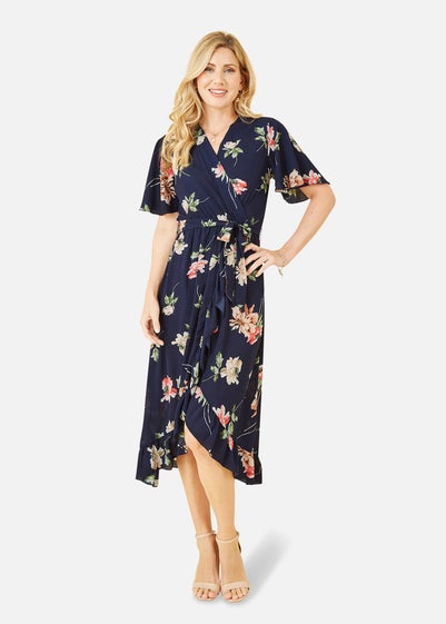 Mela Navy Floral Dip Hem Wrap Midi Dress