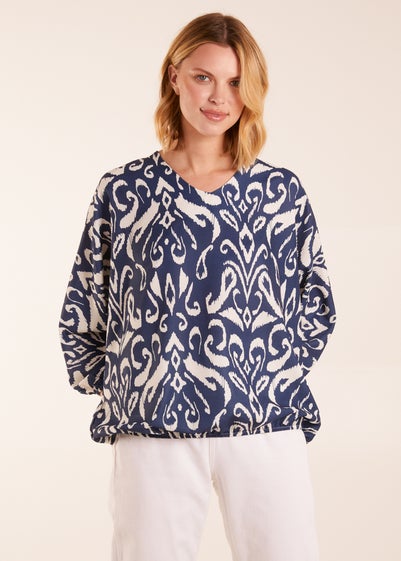 Blue Vanilla V Neck Printed Batwing Elasticated Hem Top