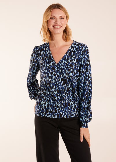 Blue Vanilla Leopard Print Wrap Front Geometric Deep Hem Band Top