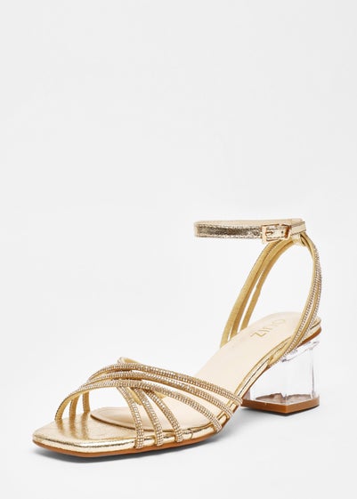 Quiz Gold Diamante Strap Low Heeled Sandals